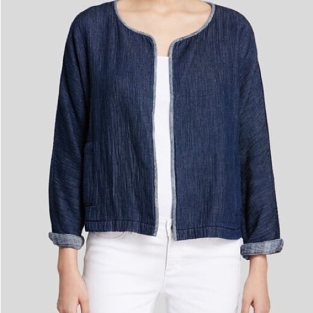 Eileen Fisher Denim Organic Cotton Round Neck Short Open Front Jacket Size 1X
